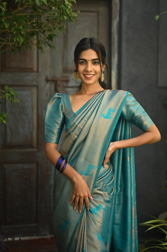 Tremendous Sky Soft Silk Saree With Incredible Blouse Piece