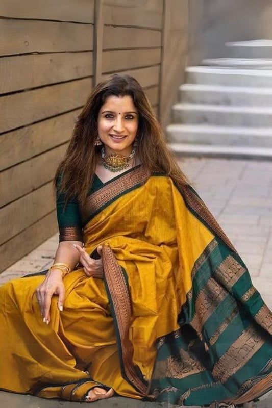 Conflate Mustard Soft Silk Saree With Embellished Blouse Piece