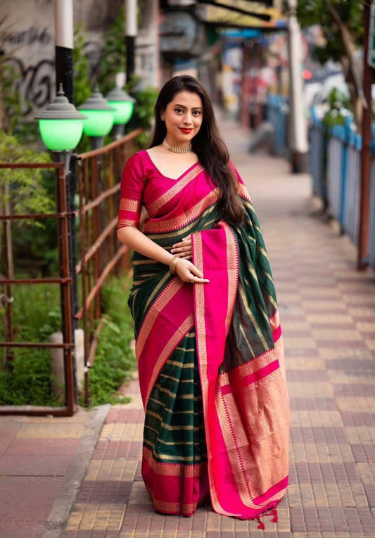 Sensational Dark Green Soft Silk Saree With Beguiling Blouse Piece