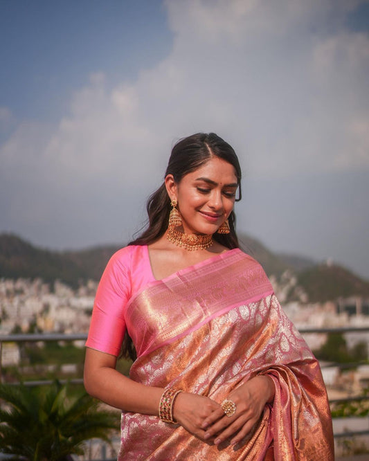 Denouement Pink Soft Banarasi Silk Saree With Impressive Blouse Piece