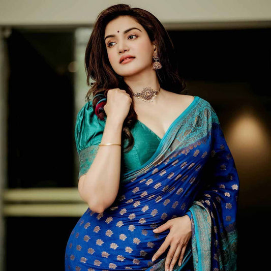 Delightful Blue Soft Banarasi Silk Saree With Prettiest Blouse Piece