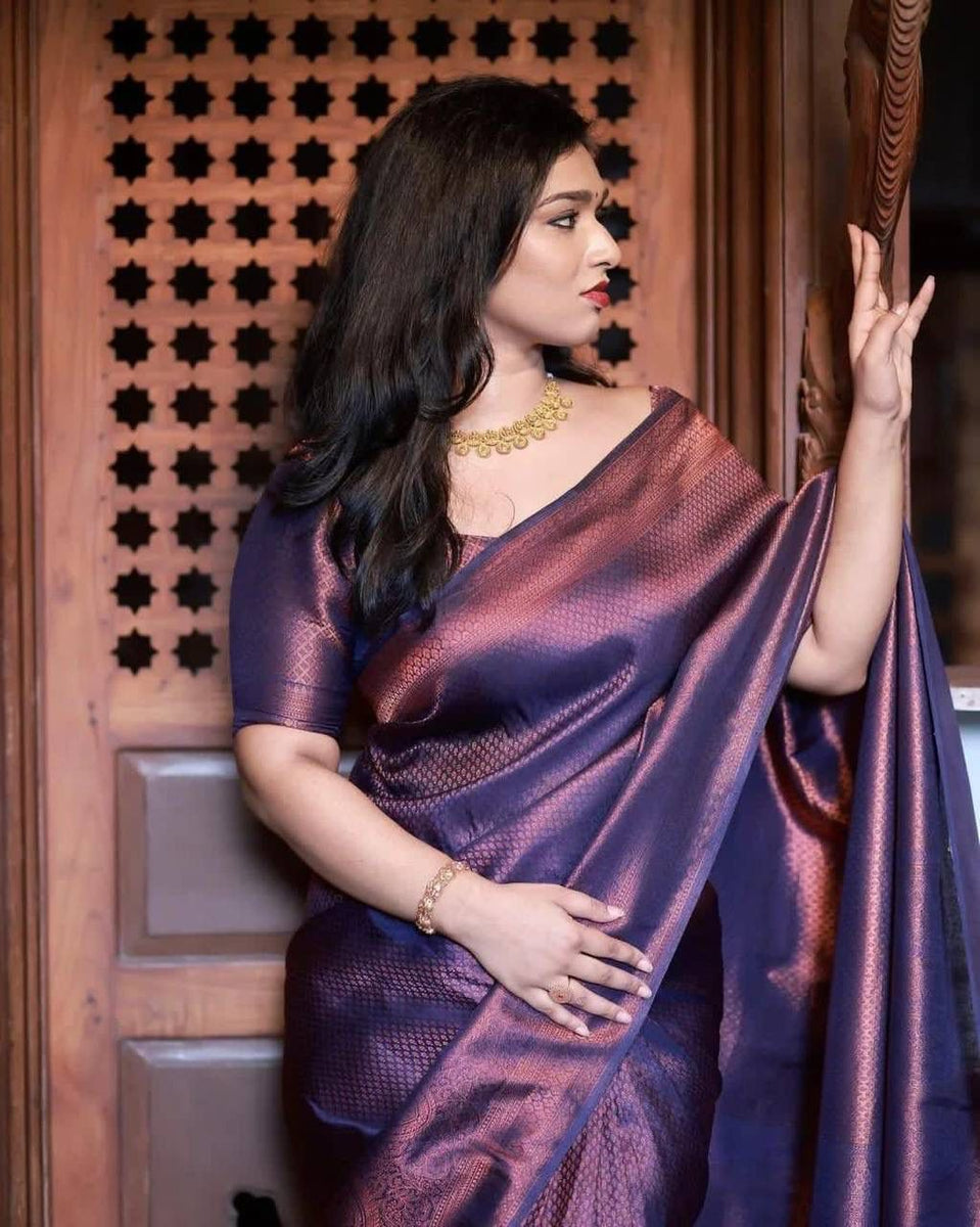 Amiable Navy Blue Soft Silk Saree With Divine Blouse Piece – SilkFolks
