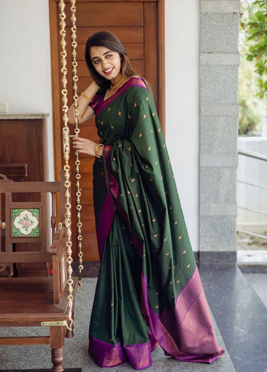 Incredible Green Soft Silk Saree With Energetic Blouse Piece