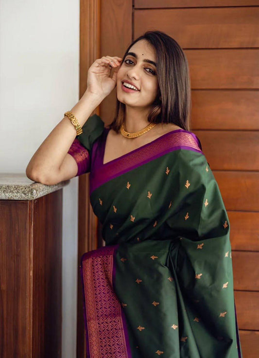 Incredible Green Soft Silk Saree With Energetic Blouse Piece