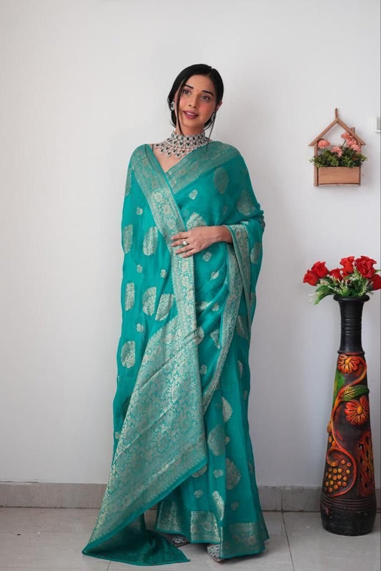 Mellifluous 1-Minute Ready To Wear Sea Green Soft Silk Saree