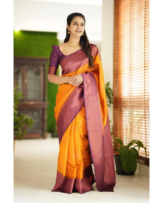 Smashing Yellow Soft Silk Saree With Scrumptious Blouse Piece