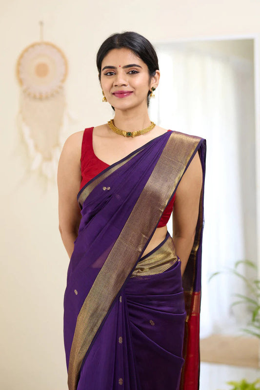 Assemblage Purple Cotton Silk Saree With Forbearance Blouse Piece