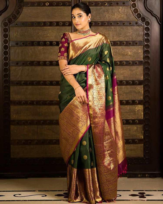 Stunner Green Soft Banarasi Silk Saree With Girlish Blouse Piece