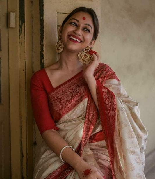 Splendorous Beige Soft Banarasi Silk Saree With Bucolic Blouse Piece