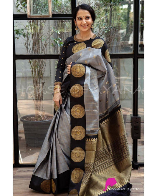 Stunning Grey Soft Banarasi Silk Saree With Intricate Blouse Piece