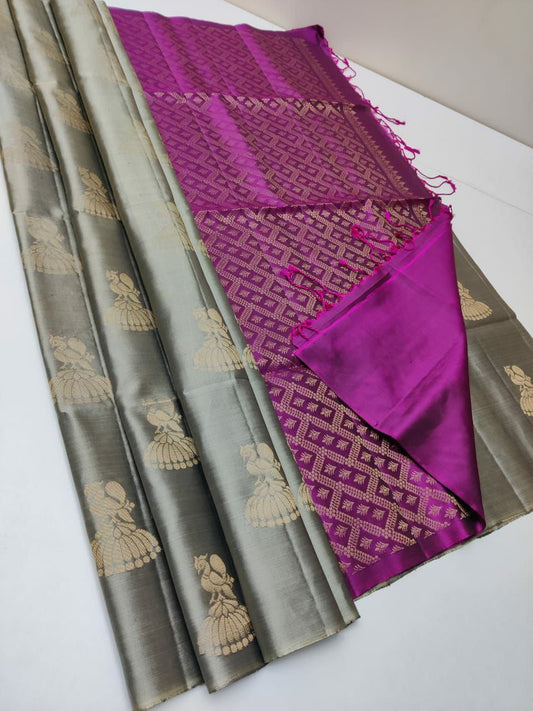 Trendy Grey Soft Silk Saree With Amazing Blouse Piece