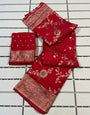 Prominent Red Soft Banarasi Silk Saree With Improbable Blouse Piece