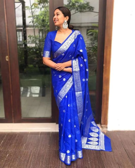 Intricate Royal Blue Soft Silk Saree With Incomparable Blouse Piece