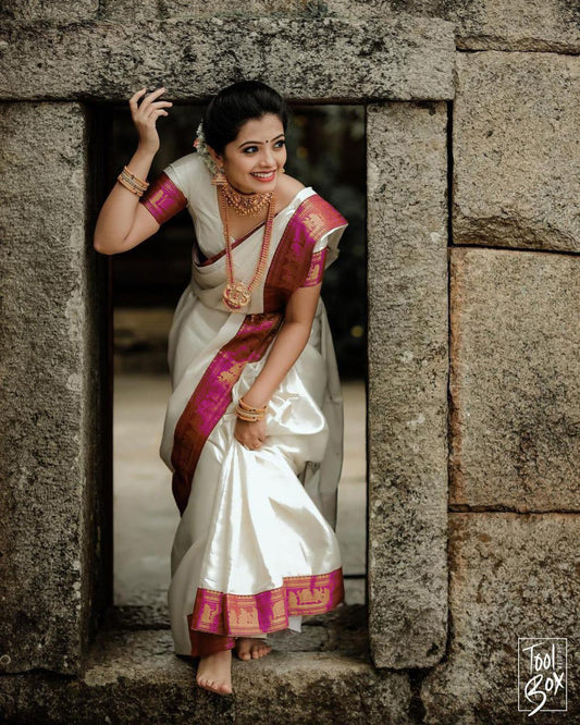 Demanding White Soft Silk Saree With Girlish Blouse Piece