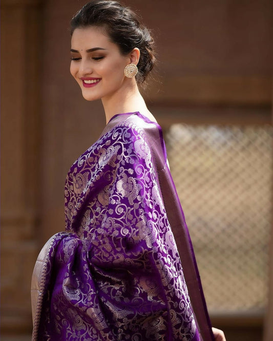 Snappy Purple Soft Banarasi Silk Saree With Supernal Blouse Piece