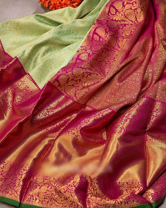 Comely Pista Soft Banarasi Silk Saree With Surpassing Blouse Piece