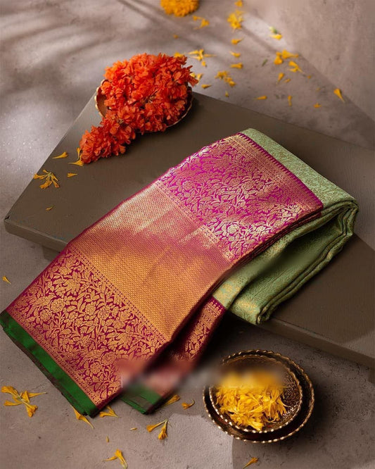 Comely Pista Soft Banarasi Silk Saree With Surpassing Blouse Piece