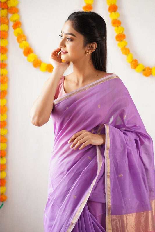 Improbable Lavendor Cotton Silk Saree With Nemesis Blouse Piece
