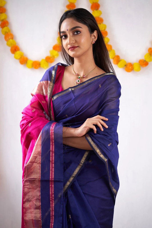 Woebegone Navy Blue Cotton Silk Saree With Mesmerising Blouse Piece