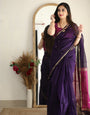Luxuriant Purple Cotton Silk Saree With Elision Blouse Piece