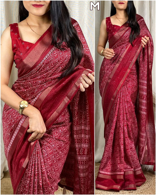 Flattering Maroon Digital Printed Dola Silk Saree With Arresting Blouse Piece