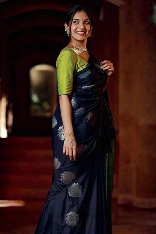 Sophisticated Navy Blue Soft Silk Saree With Flaunt Blouse Piece