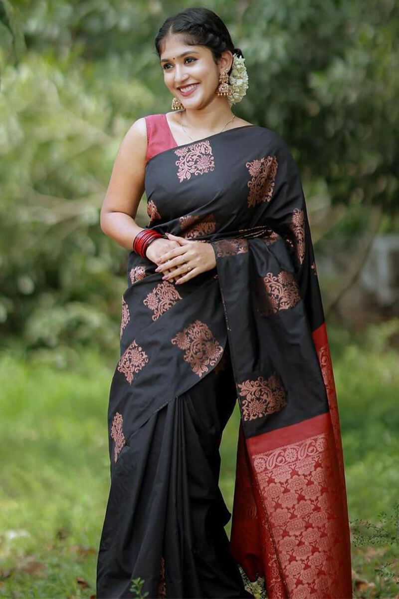 Marvellous Black Soft Silk Saree With Gleaming Blouse Piece