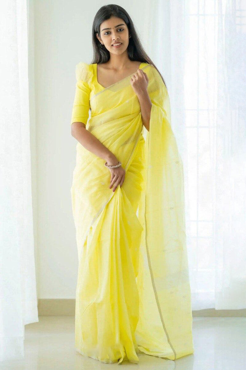 Amiable Lemon Cotton Silk Saree With Fancifull Blouse Piece