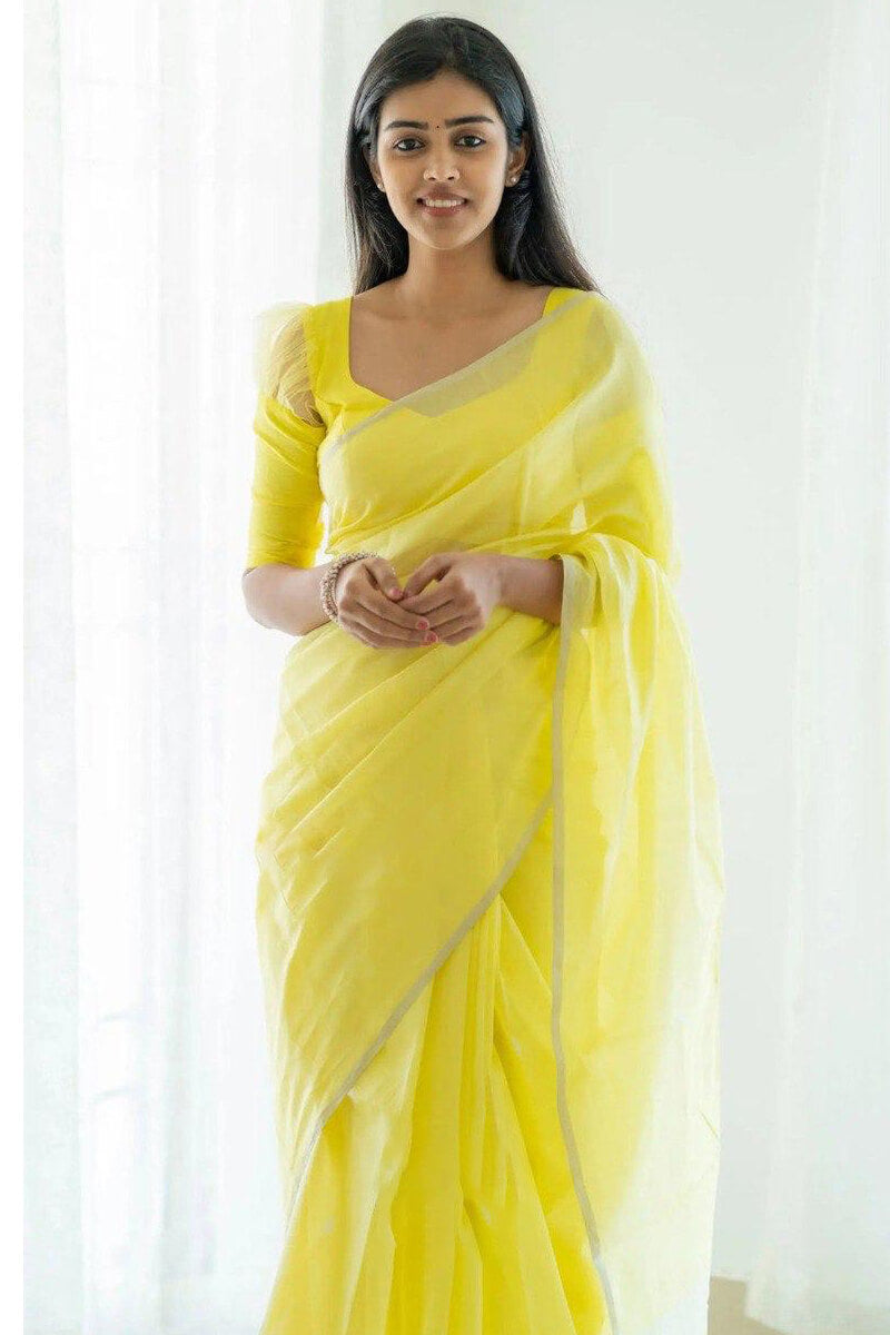 Amiable Lemon Cotton Silk Saree With Fancifull Blouse Piece