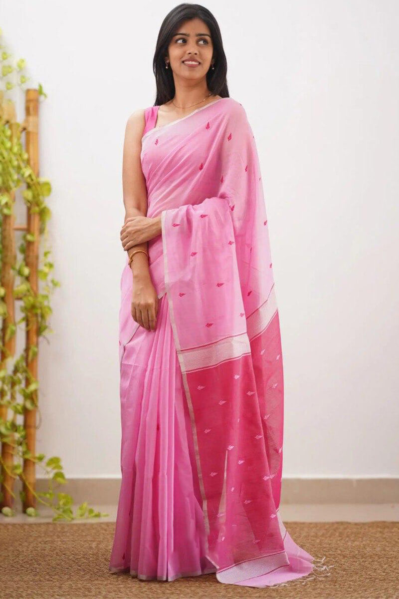 Mellifluous Pink Cotton Silk Saree With Majestic Blouse Piece