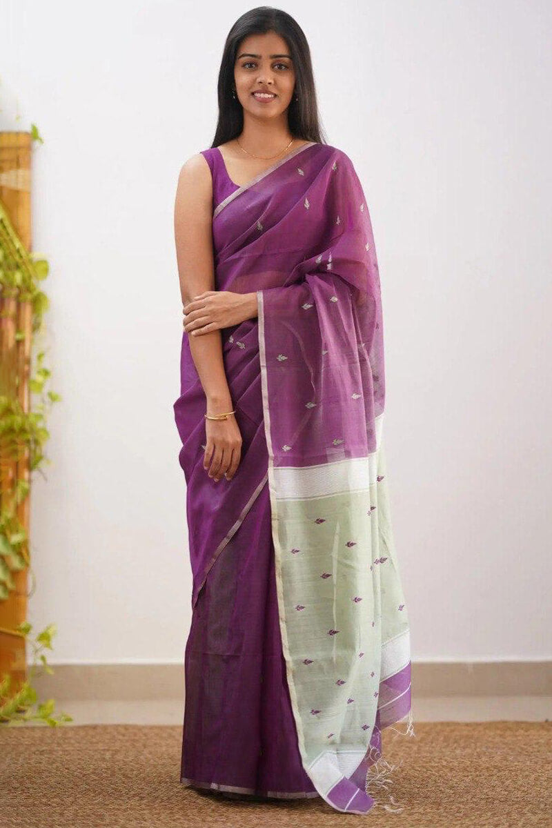 Desirable Purple Cotton Silk Saree With Grandiose Blouse Piece