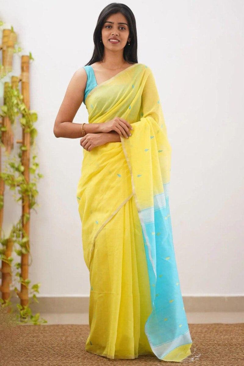 Charismatic Yellow Cotton Silk Saree With Forbearance Blouse Piece