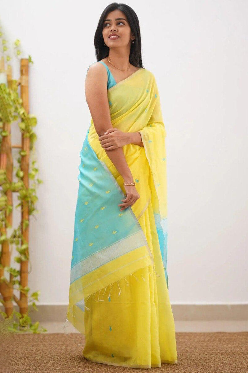 Charismatic Yellow Cotton Silk Saree With Forbearance Blouse Piece