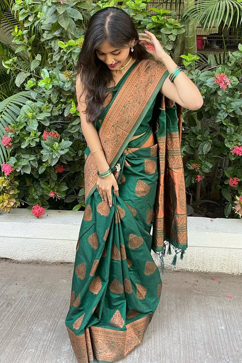 Enigmatic Dark Green Soft Silk Saree With Invaluable Blouse Piece