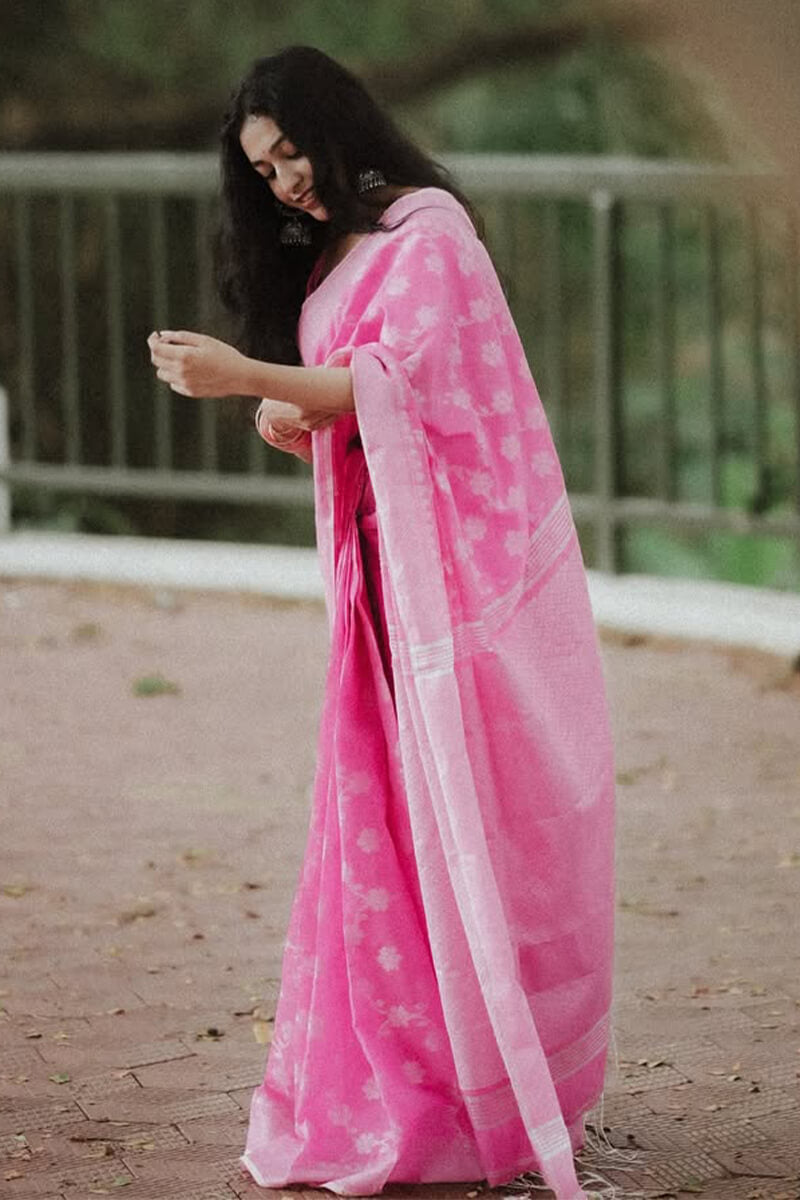 Engaging Pink Cotton Silk Saree With Whimsical Blouse Piece