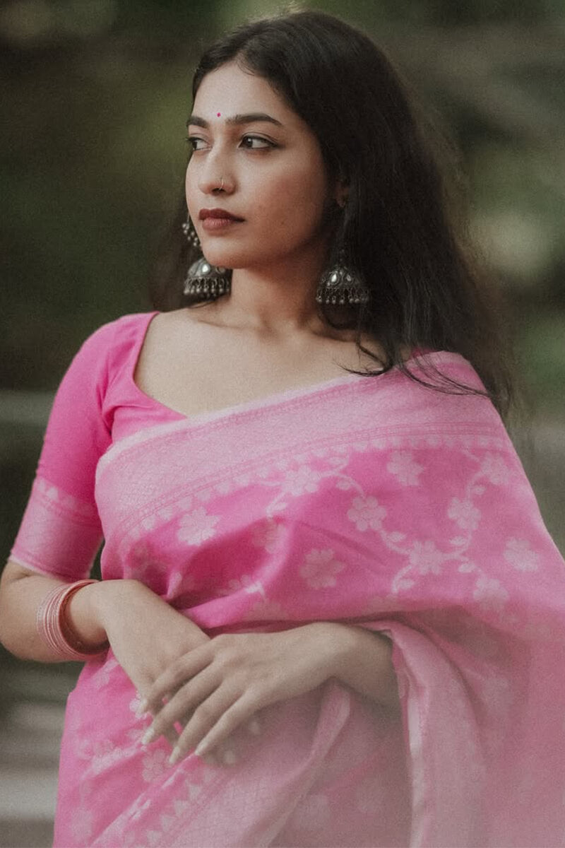 Engaging Pink Cotton Silk Saree With Whimsical Blouse Piece