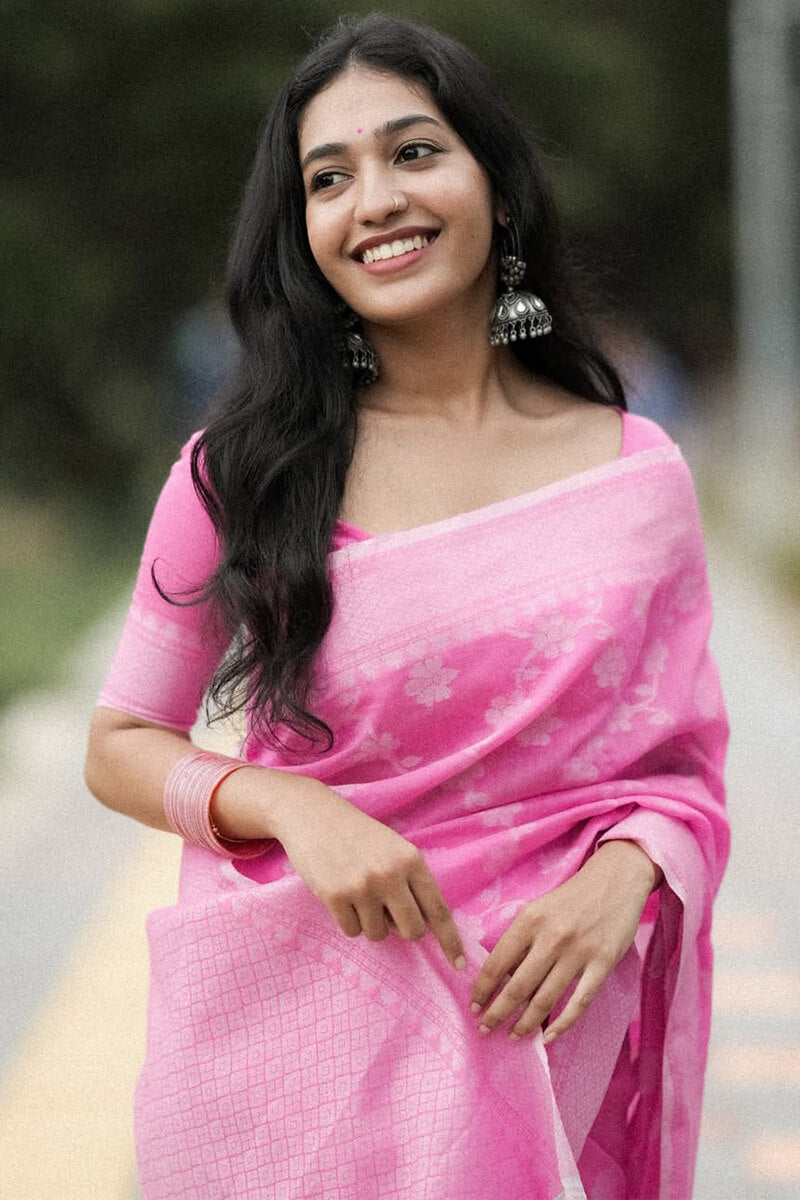 Engaging Pink Cotton Silk Saree With Whimsical Blouse Piece