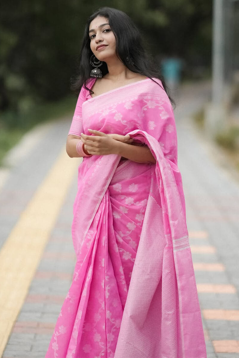 Engaging Pink Cotton Silk Saree With Whimsical Blouse Piece