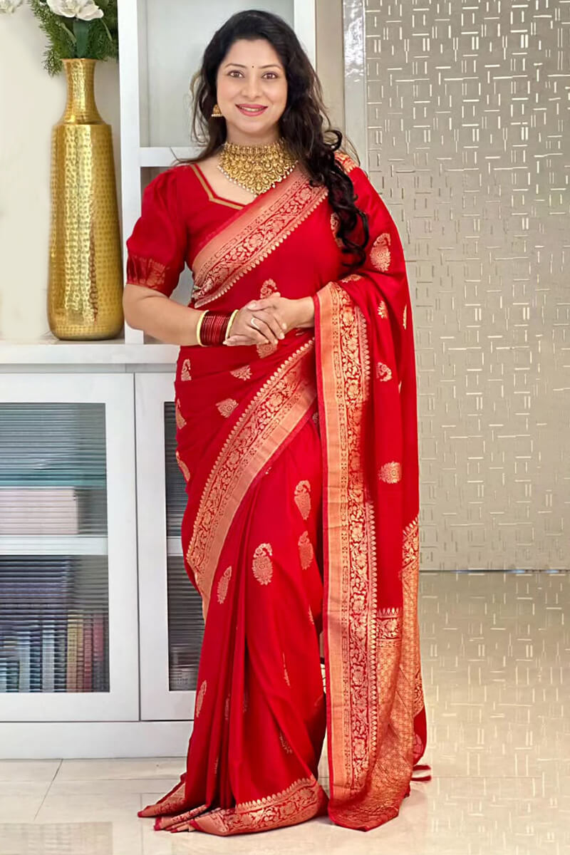 Opulent Red Soft Silk Saree With Unique Blouse Piece