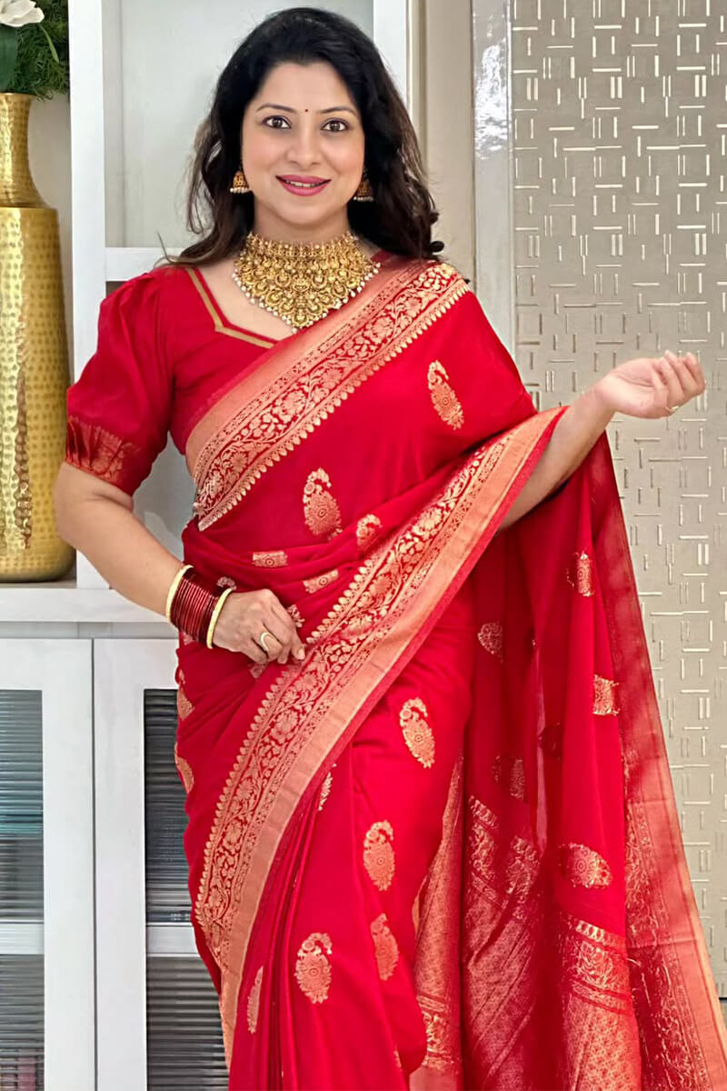 Opulent Red Soft Silk Saree With Unique Blouse Piece