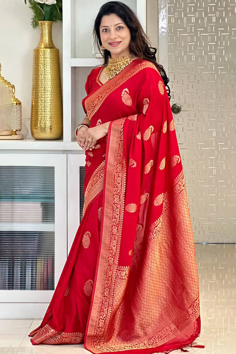 Opulent Red Soft Silk Saree With Unique Blouse Piece