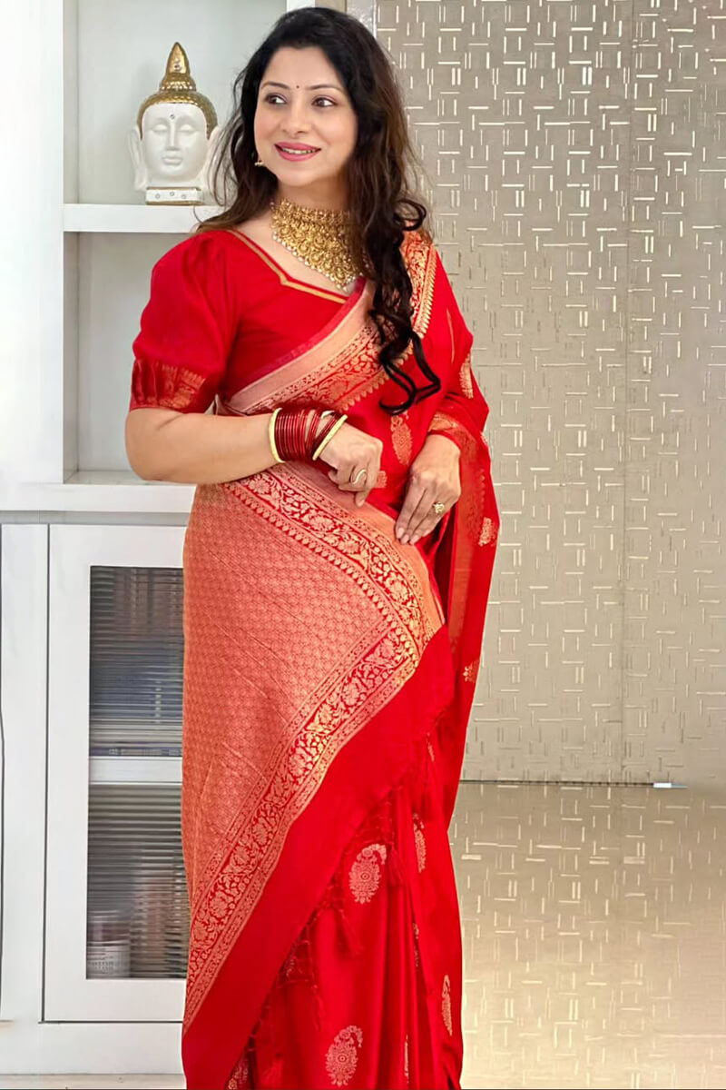 Opulent Red Soft Silk Saree With Unique Blouse Piece