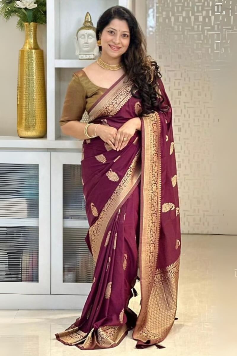 Improbable Wine Soft Silk Saree With Hypnotic Blouse Piece