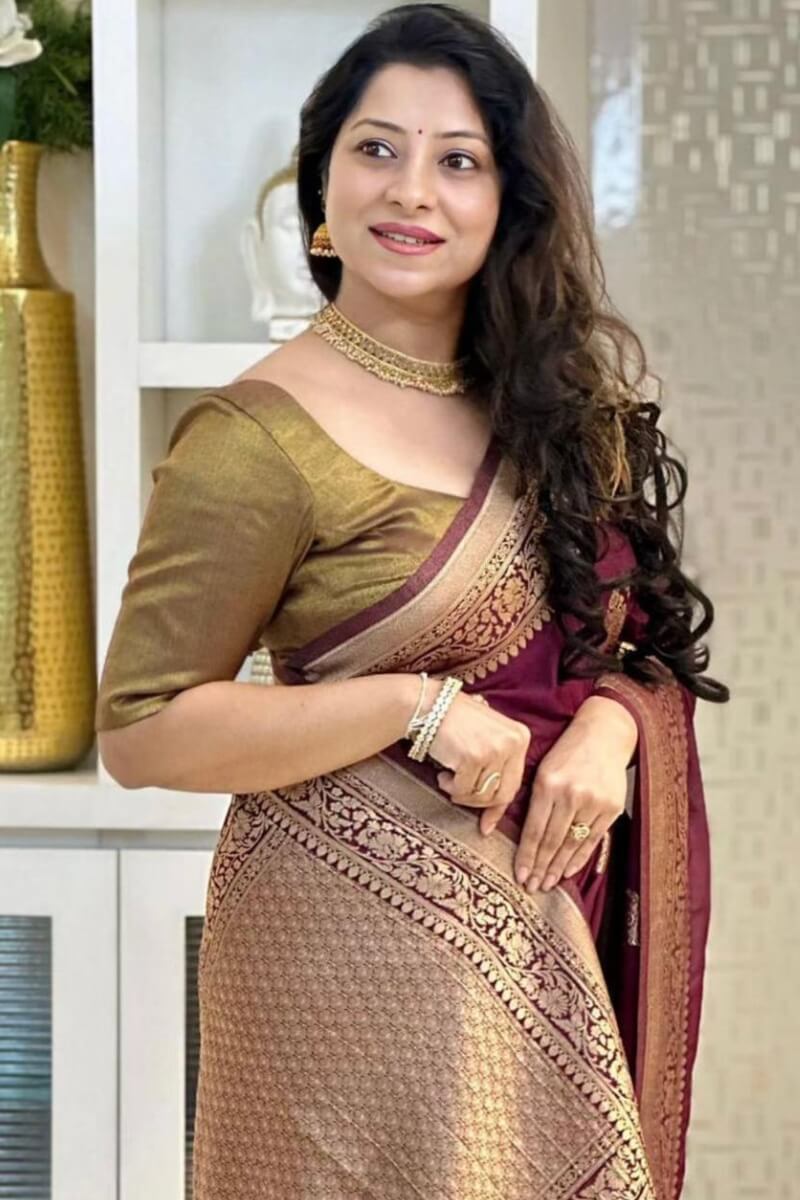 Improbable Wine Soft Silk Saree With Hypnotic Blouse Piece