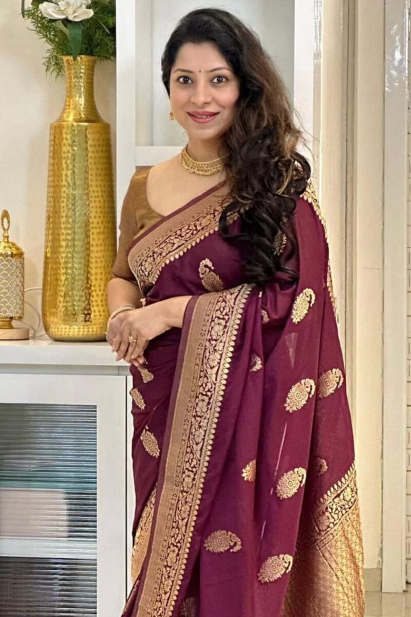 Improbable Wine Soft Silk Saree With Hypnotic Blouse Piece