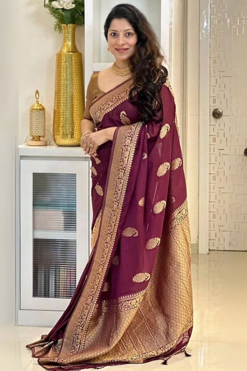 Improbable Wine Soft Silk Saree With Hypnotic Blouse Piece