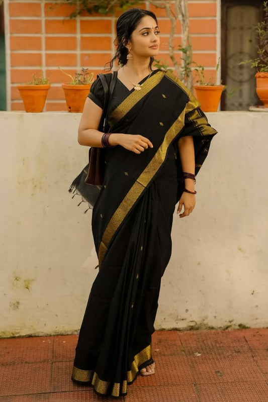 Effulgent Black Cotton Silk Saree With Glowing Blouse Piece