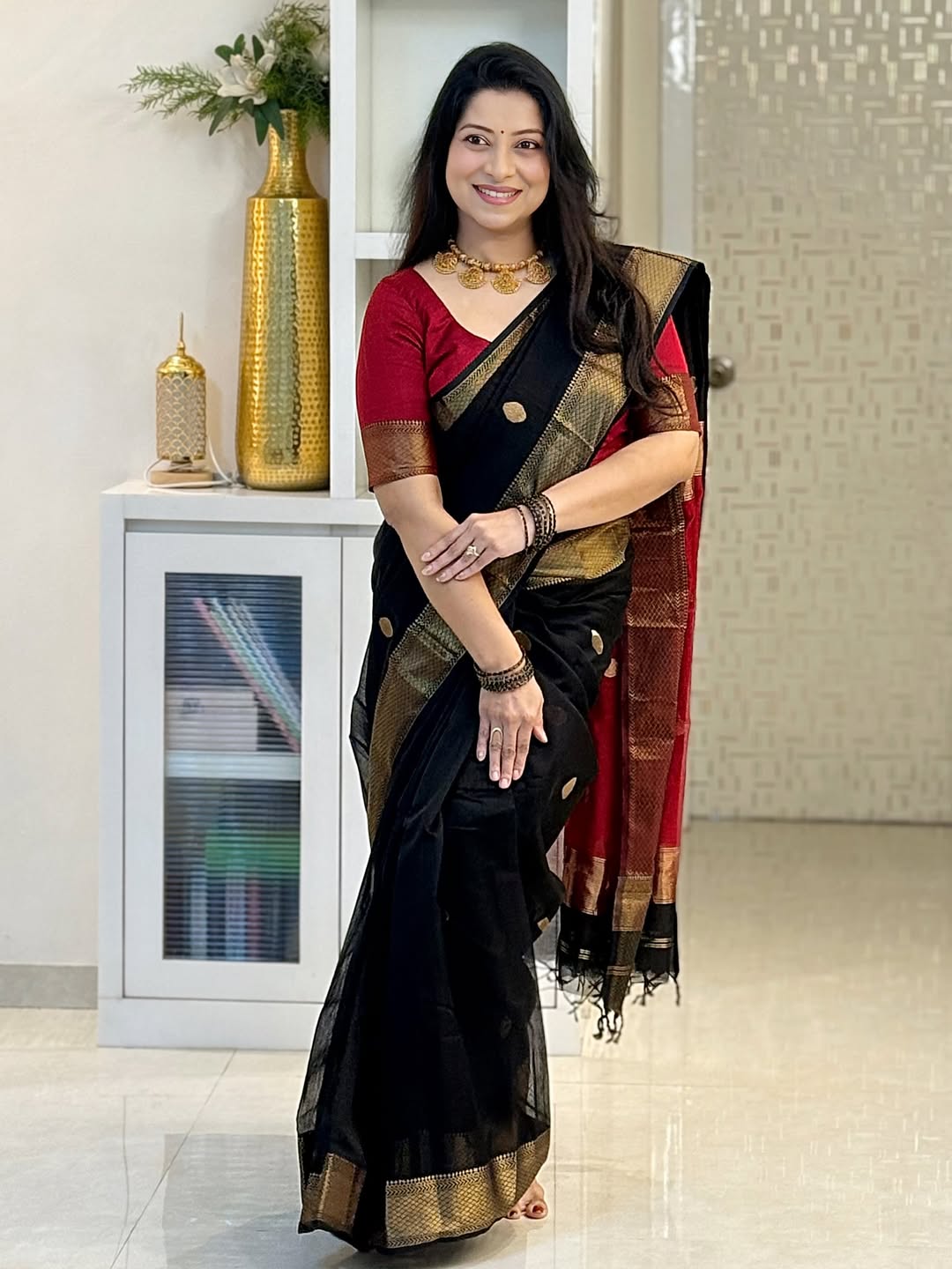 Majestic Black Cotton Silk Saree With Admirable Blouse Piece