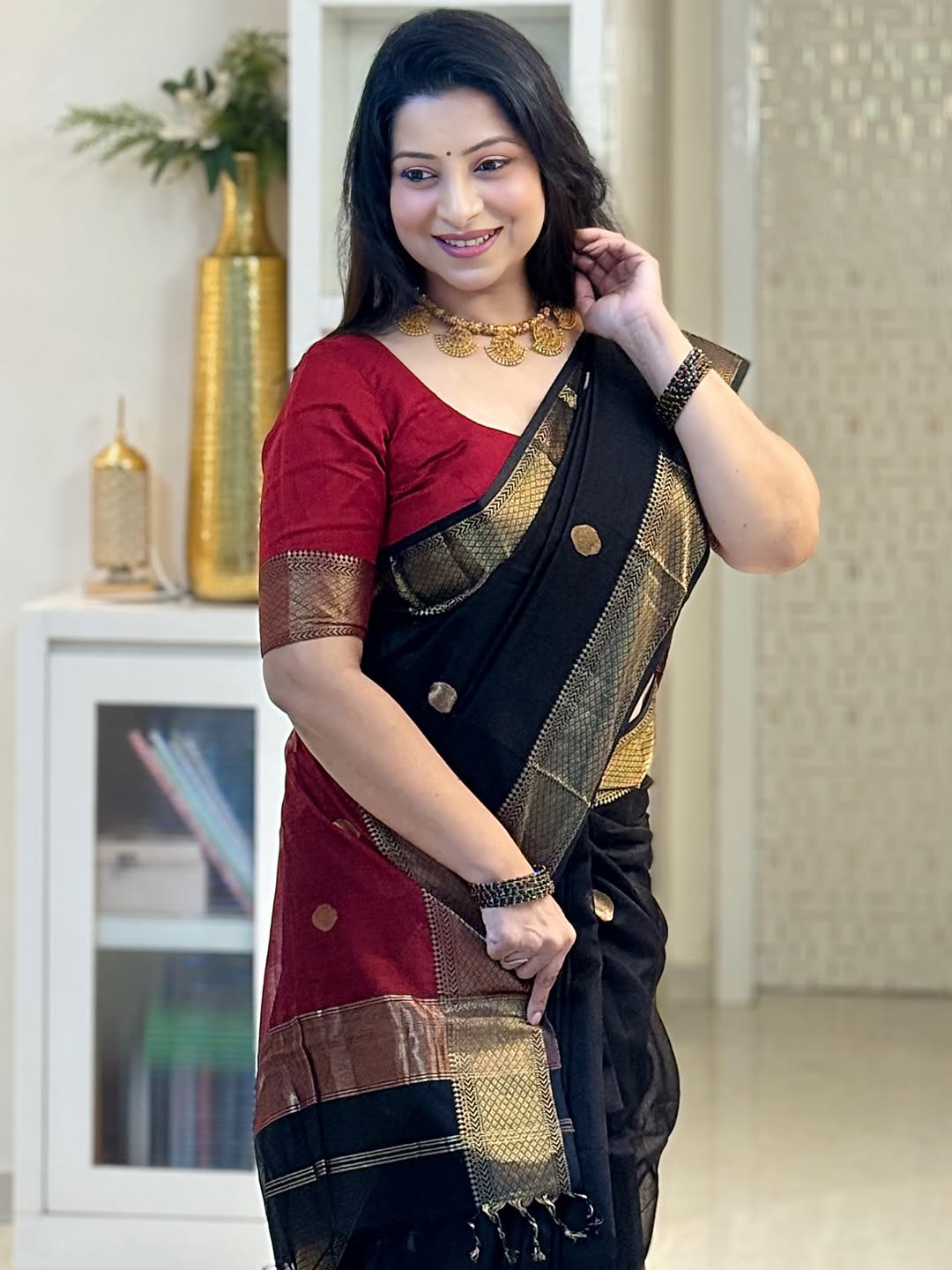 Majestic Black Cotton Silk Saree With Admirable Blouse Piece