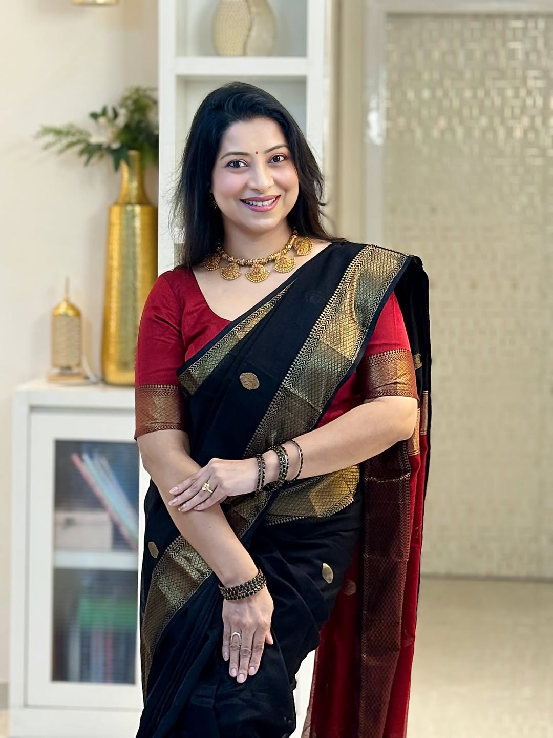 Majestic Black Cotton Silk Saree With Admirable Blouse Piece